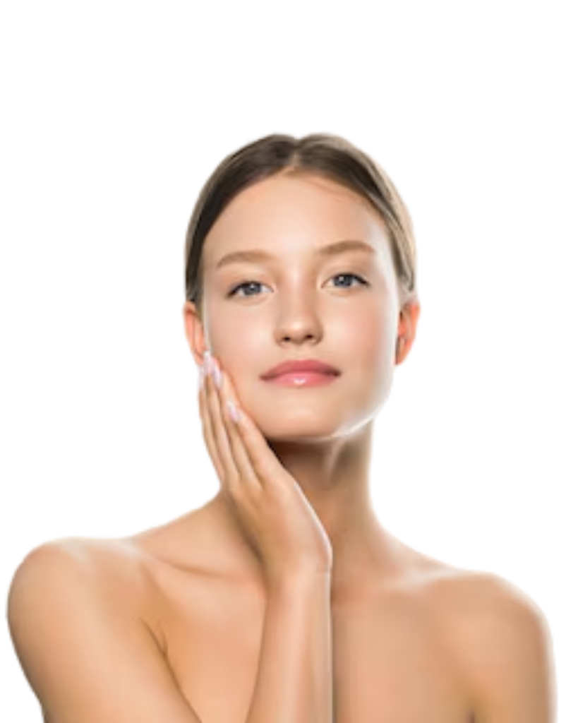 face model posing with one hand on her face
